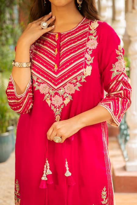 Shop_Ajiesh Oberoi_Pink Silk, Organza, Cotton Embroidery Roop Floral Jaal Kurta Dhoti Pant Set _Online_at_Aza_Fashions