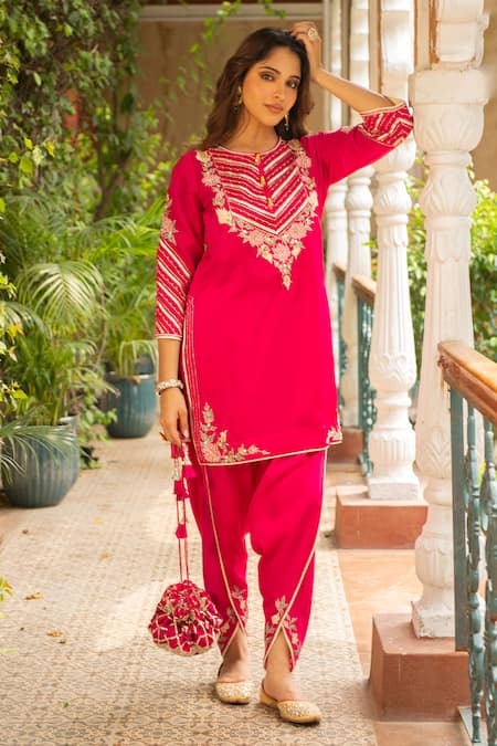 Ajiesh Oberoi_Pink Silk, Organza, Cotton Embroidery Roop Floral Jaal Kurta Dhoti Pant Set _at_Aza_Fashions