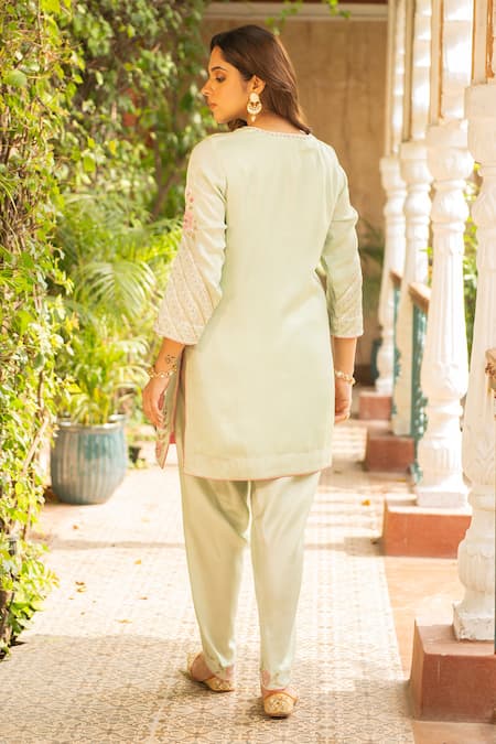 Shop_Ajiesh Oberoi_Green Silk, Organza Embroidery, Cut Work Round Floral Jaal Kurta Dhoti Pant Set _at_Aza_Fashions