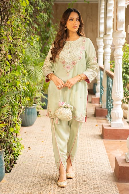 Ajiesh Oberoi_Green Silk, Organza Embroidery, Cut Work Round Floral Jaal Kurta Dhoti Pant Set _Online_at_Aza_Fashions