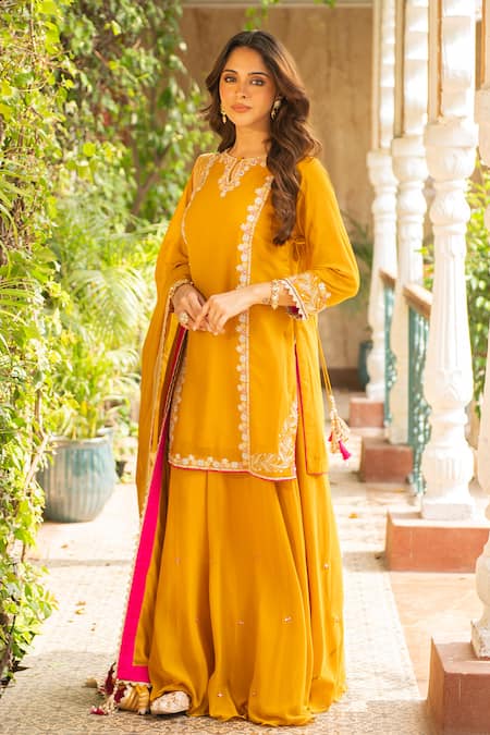 Ajiesh Oberoi_Yellow Georgette Embroidery, Cut Work Sugandh Floral Blossom Kurta Sharara Set _Online_at_Aza_Fashions