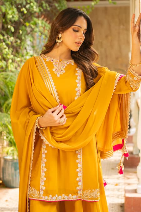 Shop_Ajiesh Oberoi_Yellow Georgette Embroidery, Cut Work Sugandh Floral Blossom Kurta Sharara Set _Online_at_Aza_Fashions