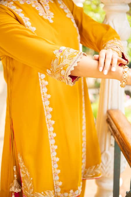 Ajiesh Oberoi_Yellow Georgette Embroidery, Cut Work Sugandh Floral Blossom Kurta Sharara Set _at_Aza_Fashions