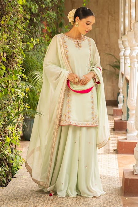 Buy_Ajiesh Oberoi_Green Georgette Embroidery Keyhole Neck Sugandh Blossom Kurta Sharara Set _Online_at_Aza_Fashions