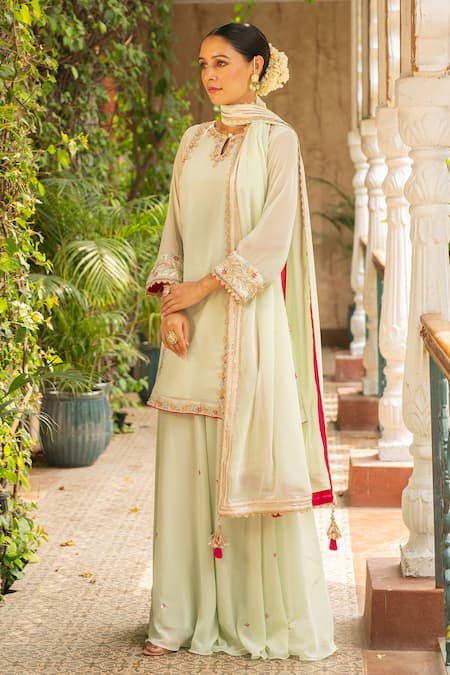 Shop_Ajiesh Oberoi_Green Georgette Embroidery Keyhole Neck Sugandh Blossom Kurta Sharara Set _Online_at_Aza_Fashions