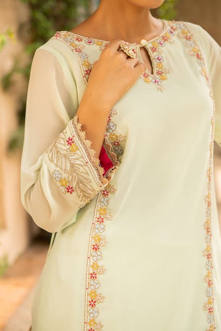 Ajiesh Oberoi_Green Georgette Embroidery Keyhole Neck Sugandh Blossom Kurta Sharara Set _at_Aza_Fashions