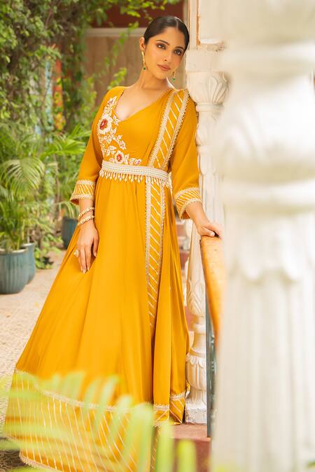 Ajiesh Oberoi Yellow Georgette, Lycra, Muslin Embroidery, Gota Anjum Bodice Anarkali Set Online at Aza Fashions Ajiesh Oberoi_Yellow Georgette, Lycra, Muslin Embroidery, Gota Anjum Bodice Anarkali Set _Online_at_Aza_Fashions