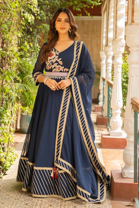 Ajiesh Oberoi Blue Georgette, Lycra, Muslin Embroidery, Gota Anjum Floral Bodice Anarkali Set