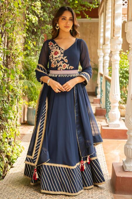 Ajiesh Oberoi Blue Georgette, Lycra, Muslin Embroidery, Gota Anjum Floral Bodice Anarkali Set Online at Aza Fashions Ajiesh Oberoi_Blue Georgette, Lycra, Muslin Embroidery, Gota Anjum Floral Bodice Anarkali Set _Online_at_Aza_Fashions