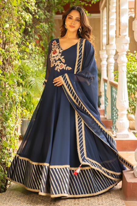 Shop Ajiesh Oberoi Blue Georgette, Lycra, Muslin Embroidery, Gota Anjum Floral Bodice Anarkali Set Online at Aza Fashions Shop_Ajiesh Oberoi_Blue Georgette, Lycra, Muslin Embroidery, Gota Anjum Floral Bodice Anarkali Set _Online_at_Aza_Fashions