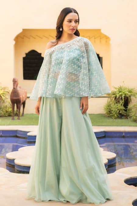 Ajiesh Oberoi Green Organza Gota Patti, Pearls, Embroidery Diya Chevron Cape Sharara Set