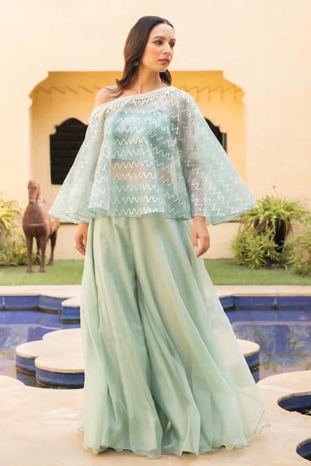 Shop Ajiesh Oberoi Green Organza Gota Patti, Pearls, Embroidery Diya Chevron Cape Sharara Set at Aza Fashions Shop_Ajiesh Oberoi_Green Organza Gota Patti, Pearls, Embroidery Diya Chevron Cape Sharara Set _at_Aza_Fashions