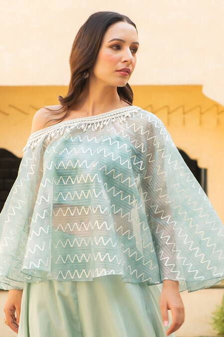 Ajiesh Oberoi Green Organza Gota Patti, Pearls, Embroidery Diya Chevron Cape Sharara Set Online at Aza Fashions Ajiesh Oberoi_Green Organza Gota Patti, Pearls, Embroidery Diya Chevron Cape Sharara Set _Online_at_Aza_Fashions