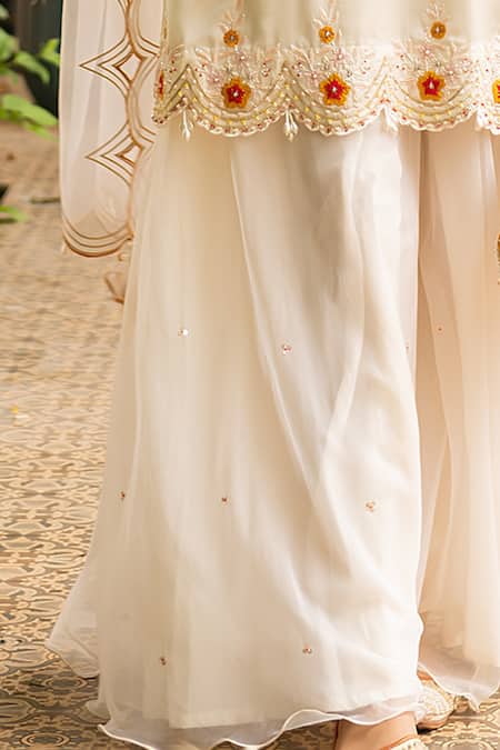 Ajiesh Oberoi_Ivory Silk, Organza, Cotton, Muslin Embroidery Round Gehna Kurta Sharara Set _Online_at_Aza_Fashions