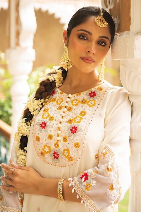 Ajiesh Oberoi_Ivory Silk, Organza, Cotton, Muslin Embroidery Round Gehna Kurta Sharara Set _at_Aza_Fashions