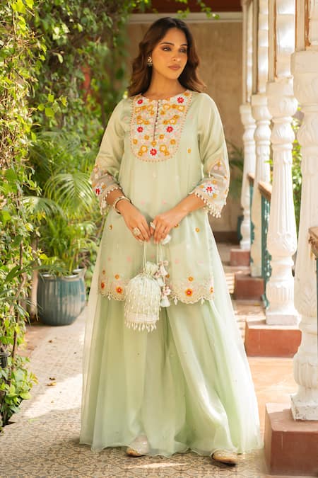 Buy Ajiesh Oberoi Green Silk, Organza, Muslin Sequins, Embroidery Gehna Floral Kurta Sharara Set Online at Aza Fashions Buy_Ajiesh Oberoi_Green Silk, Organza, Muslin Sequins, Embroidery Gehna Floral Kurta Sharara Set _Online_at_Aza_Fashions