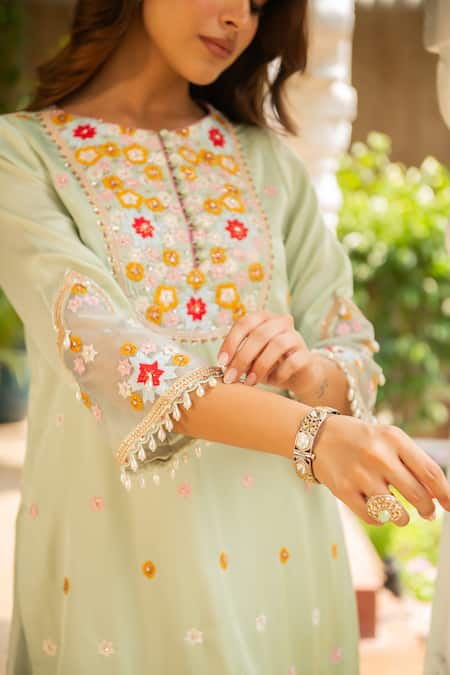 Ajiesh Oberoi Green Silk, Organza, Muslin Sequins, Embroidery Gehna Floral Kurta Sharara Set at Aza Fashions Ajiesh Oberoi_Green Silk, Organza, Muslin Sequins, Embroidery Gehna Floral Kurta Sharara Set _at_Aza_Fashions