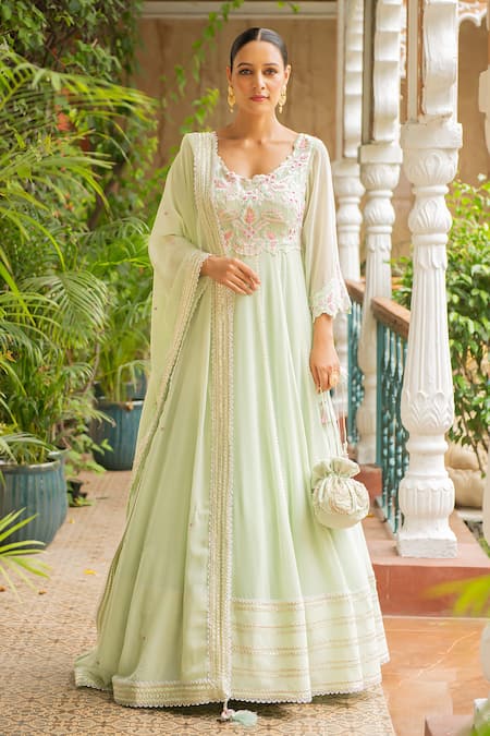 Buy Green Georgette Embroidery Floral Round Neck Hasrat Anarkali