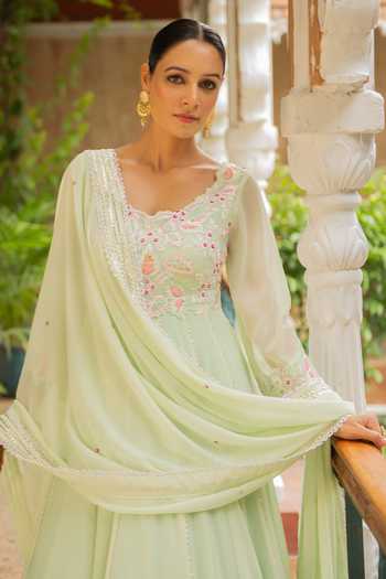 Ajiesh Oberoi Green Georgette, Lycra, Muslin, Crepe Embroidery Hasrat Floral Anarkali Set Online at Aza Fashions Ajiesh Oberoi_Green Georgette, Lycra, Muslin, Crepe Embroidery Hasrat Floral Anarkali Set _Online_at_Aza_Fashions