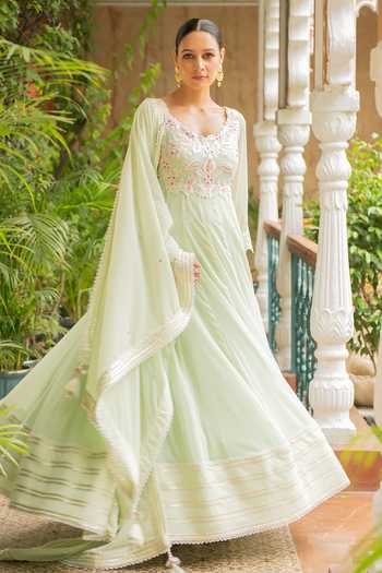 Shop Ajiesh Oberoi Green Georgette, Lycra, Muslin, Crepe Embroidery Hasrat Floral Anarkali Set Online at Aza Fashions Shop_Ajiesh Oberoi_Green Georgette, Lycra, Muslin, Crepe Embroidery Hasrat Floral Anarkali Set _Online_at_Aza_Fashions