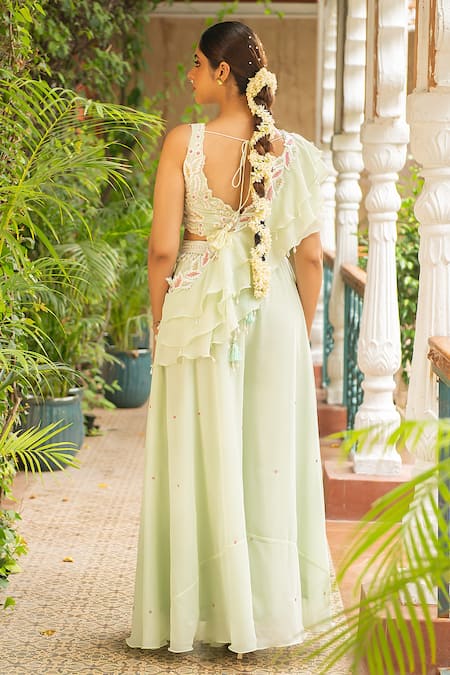 Shop Ajiesh Oberoi Green Georgette Embroidery V-neck Jhalak Floral Blouse Sharara Set at Aza Fashions Shop_Ajiesh Oberoi_Green Georgette Embroidery V-neck Jhalak Floral Blouse Sharara Set _at_Aza_Fashions