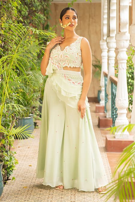 Buy Ajiesh Oberoi Green Georgette Embroidery V-neck Jhalak Floral Blouse Sharara Set Online at Aza Fashions Buy_Ajiesh Oberoi_Green Georgette Embroidery V-neck Jhalak Floral Blouse Sharara Set _Online_at_Aza_Fashions