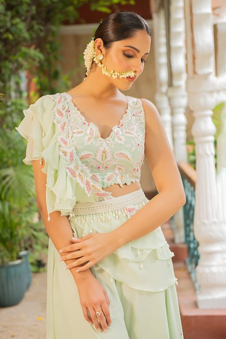 Shop Ajiesh Oberoi Green Georgette Embroidery V-neck Jhalak Floral Blouse Sharara Set Online at Aza Fashions Shop_Ajiesh Oberoi_Green Georgette Embroidery V-neck Jhalak Floral Blouse Sharara Set _Online_at_Aza_Fashions