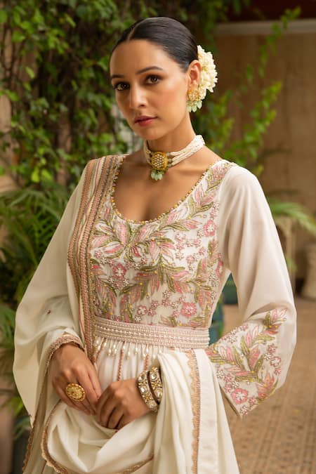 Buy_Ajiesh Oberoi_Ivory Georgette, Lycra, Muslin Embroidery Khoobsurat Anarkali Churidar Set _Online_at_Aza_Fashions