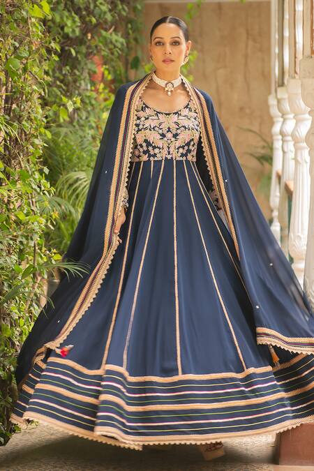 Ajiesh Oberoi_Blue Georgette, Lycra, Muslin Khoobsurat Floral Anarkali Churidar Set _Online_at_Aza_Fashions