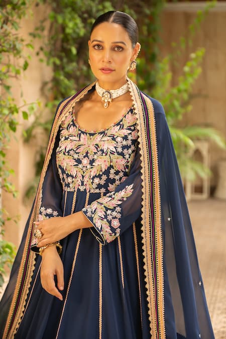 Buy_Ajiesh Oberoi_Blue Georgette, Lycra, Muslin Khoobsurat Floral Anarkali Churidar Set _Online_at_Aza_Fashions