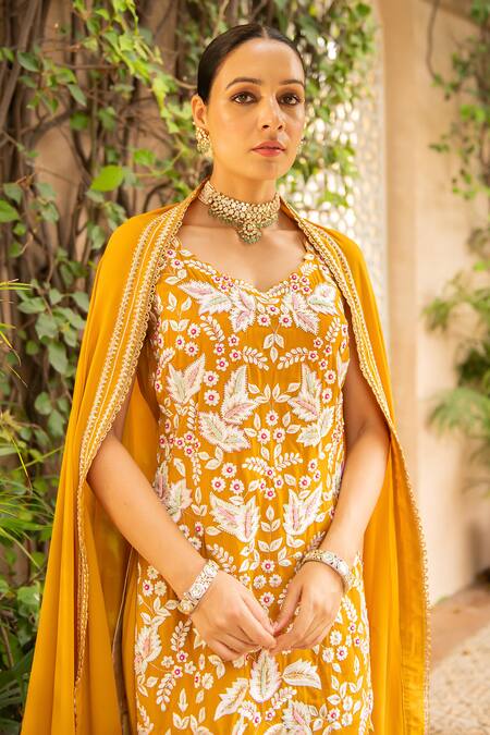 Ajiesh Oberoi Yellow Georgette Embroidery Round Neck Khwaab Kurta Gharara Set at Aza Fashions Ajiesh Oberoi_Yellow Georgette Embroidery Round Neck Khwaab Kurta Gharara Set _at_Aza_Fashions