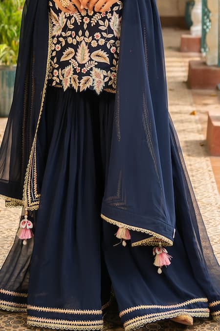 Ajiesh Oberoi_Blue Georgette Tassels, Embroidery Sweetheart Khwaab Floral Kurta Gharara Set _Online_at_Aza_Fashions