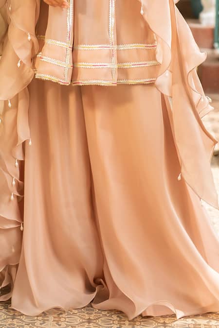 Ajiesh Oberoi_Pink Organza Pearls, Tassels V-neck Koyal Embroidered Peplum Kurta Sharara Set _Online_at_Aza_Fashions