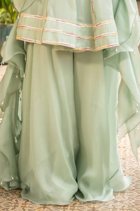 Ajiesh Oberoi_Green Organza Pearls, Embroidery, Tassels Koyal Floral Peplum Kurta Sharara Set _Online_at_Aza_Fashions