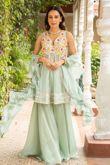 Shop_Ajiesh Oberoi_Green Organza Pearls, Embroidery, Tassels Koyal Floral Peplum Kurta Sharara Set _Online_at_Aza_Fashions