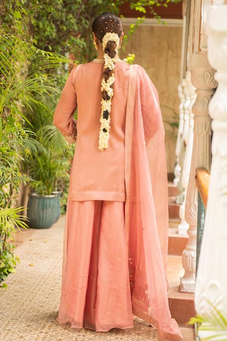 Shop_Ajiesh Oberoi_Pink Silk, Organza, Cotton, Muslin Tassels, Embroidery Floral Kurta Sharara Set _at_Aza_Fashions