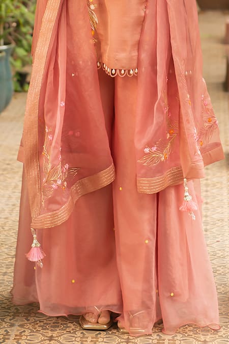 Ajiesh Oberoi_Pink Silk, Organza, Cotton, Muslin Tassels, Embroidery Floral Kurta Sharara Set _Online_at_Aza_Fashions