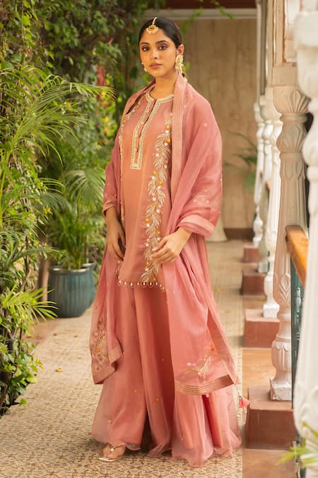 Buy_Ajiesh Oberoi_Pink Silk, Organza, Cotton, Muslin Tassels, Embroidery Floral Kurta Sharara Set _Online_at_Aza_Fashions