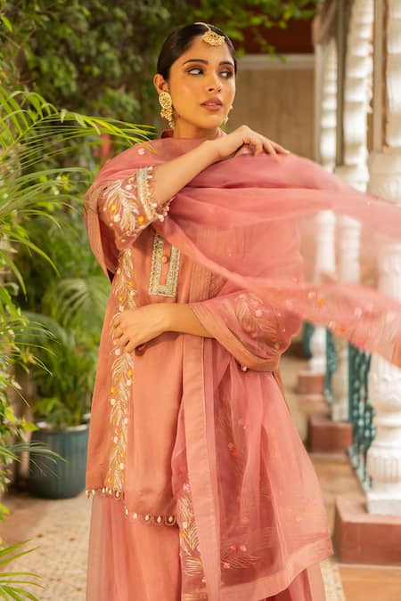 Shop_Ajiesh Oberoi_Pink Silk, Organza, Cotton, Muslin Tassels, Embroidery Floral Kurta Sharara Set _Online_at_Aza_Fashions
