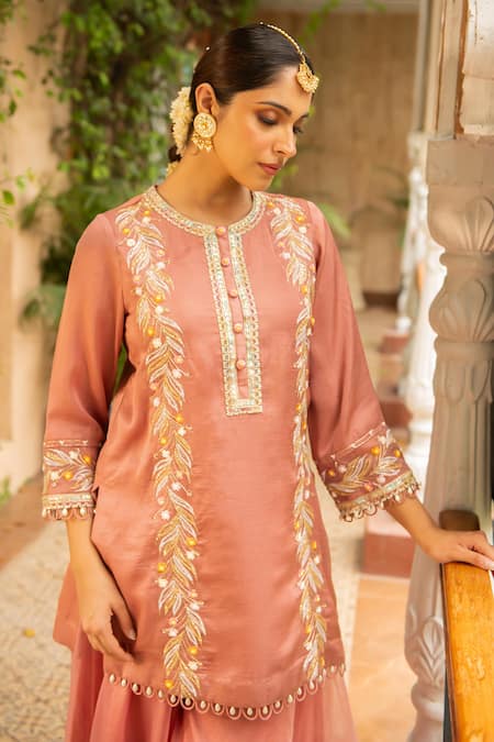 Ajiesh Oberoi_Pink Silk, Organza, Cotton, Muslin Tassels, Embroidery Floral Kurta Sharara Set _at_Aza_Fashions