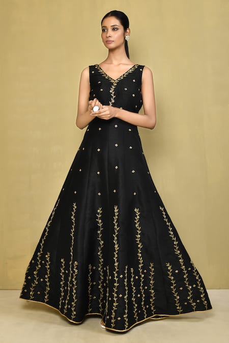Khwaab by Sanjana Lakhani Black Raw Silk Hand Embroidered Sequins V Neck Gown