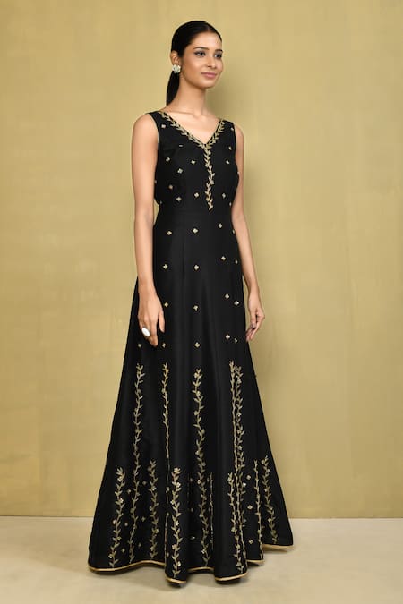 Shop_Samyukta Singhania_Black Silk Sequins, Cut Work V-neck Hand Embroidered Gown _Online_at_Aza_Fashions
