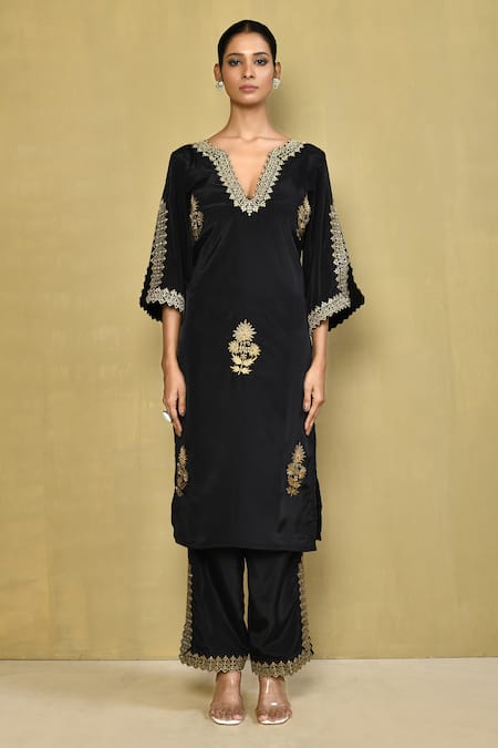 Shop_Samyukta Singhania_Black Crepe Zari V-neck Embroidered Kurta And Palazzo Set _Online_at_Aza_Fashions