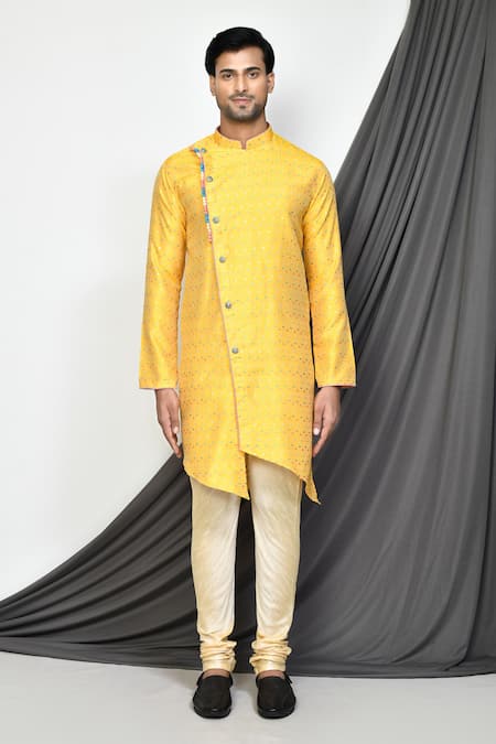 Buy Arihant Rai Sinha Yellow Jacquard, Silk Embroidery Polka Pattern Kurta Set Online at Aza Fashions Buy_Arihant Rai Sinha_Yellow Jacquard, Silk Embroidery Polka Pattern Kurta Set _Online_at_Aza_Fashions