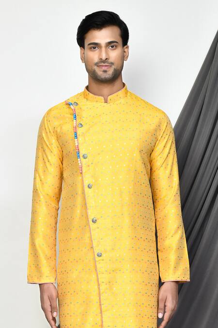 Shop Arihant Rai Sinha Yellow Jacquard, Silk Embroidery Polka Pattern Kurta Set Online at Aza Fashions Shop_Arihant Rai Sinha_Yellow Jacquard, Silk Embroidery Polka Pattern Kurta Set _Online_at_Aza_Fashions