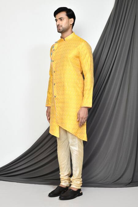 Arihant Rai Sinha Yellow Jacquard, Silk Embroidery Polka Pattern Kurta Set at Aza Fashions Arihant Rai Sinha_Yellow Jacquard, Silk Embroidery Polka Pattern Kurta Set _at_Aza_Fashions