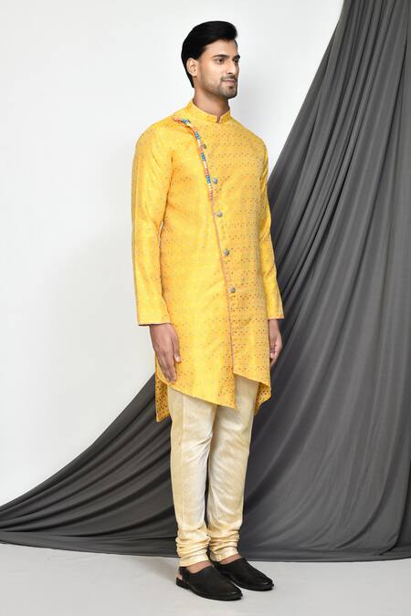 Buy Arihant Rai Sinha Yellow Jacquard, Silk Embroidery Polka Pattern Kurta Set Buy_Arihant Rai Sinha_Yellow Jacquard, Silk Embroidery Polka Pattern Kurta Set