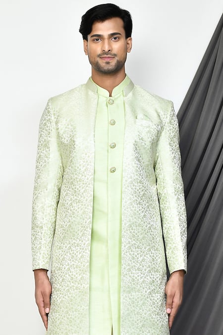 Shop_Arihant Rai Sinha_Green Jacquard, Silk Embroidery Floral Pattern Sherwani With Kurta Set _Online_at_Aza_Fashions
