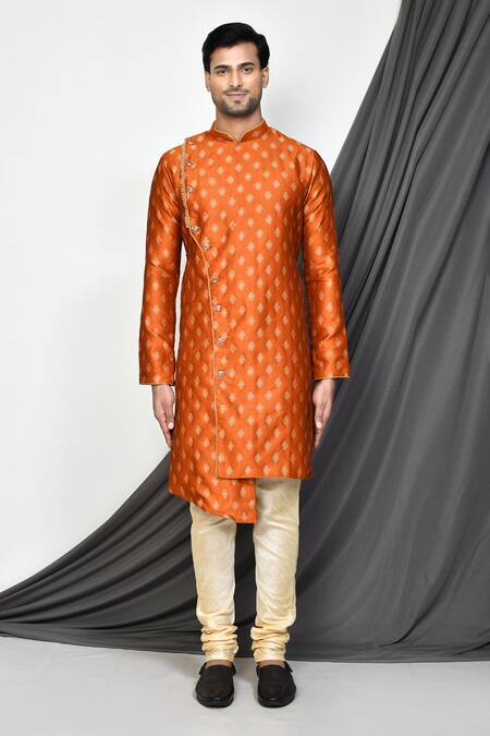 Buy_Arihant Rai Sinha_Orange Jacquard, Silk Embroidery Flower Woven Kurta Set _Online_at_Aza_Fashions