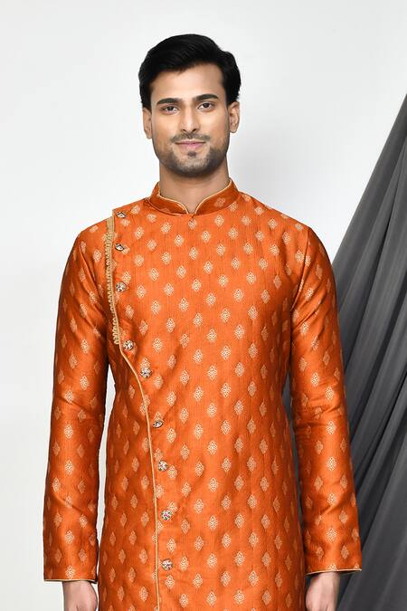 Shop Arihant Rai Sinha Orange Jacquard, Silk Embroidery Flower Woven Kurta Set Online at Aza Fashions Shop_Arihant Rai Sinha_Orange Jacquard, Silk Embroidery Flower Woven Kurta Set _Online_at_Aza_Fashions